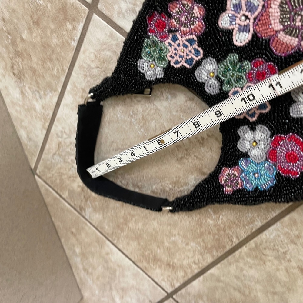 Studio 12 Black Beaded Floral Hobo Shoulder Bag Crescent Y2K Small Purse - Picture 9 of 12